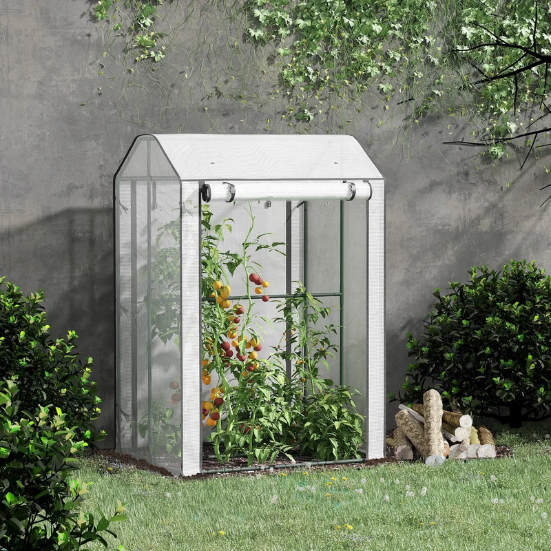 Outsunny Invernadero de Jardín Vivero Casero con Puerta Enrollable Cubierta de PE y Marco de Metal para Cultivos Plantas Tomates Terraza Patio 100x80x150 cm Transparente Blanco