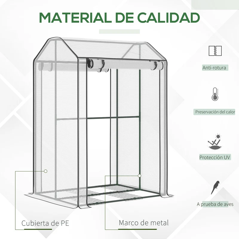 Outsunny Invernadero de Jardín Vivero Casero con Puerta Enrollable Cubierta de PE y Marco de Metal para Cultivos Plantas Tomates Terraza Patio 100x80x150 cm Transparente Blanco