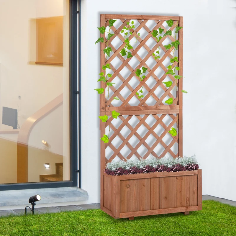 Outsunny Jardinera con Enrejado de Madera Maciza Macetero de Jardín con Soporte para Trepadora para Cultivo de Plantas Flores en Exterior 72,5x31,5x149,5 cm Natural