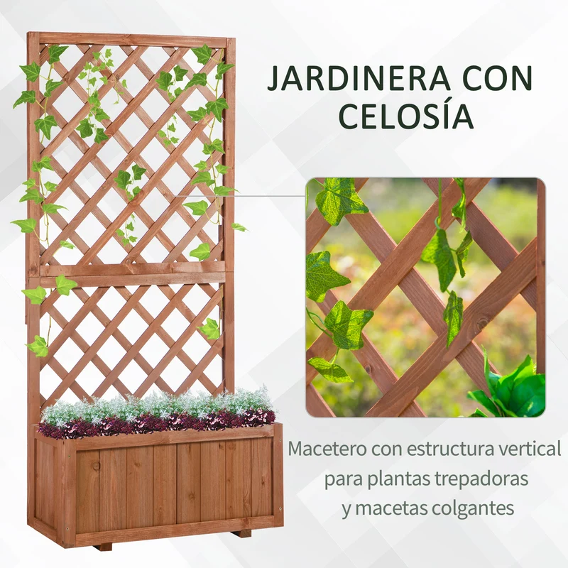 Outsunny Jardinera con Enrejado de Madera Maciza Macetero de Jardín con Soporte para Trepadora para Cultivo de Plantas Flores en Exterior 72,5x31,5x149,5 cm Natural