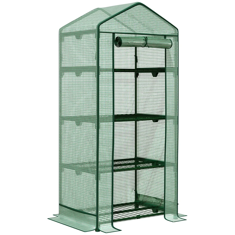 Outsunny Invernadero de Jardín Invernadero de Terraza con 4 Estantes de Alambre y Puerta Enrollable Invernadero para Macetas Plantas Flores Exterior 69x49x158 cm Verde
