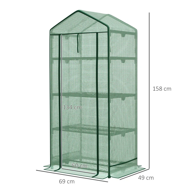 Outsunny Invernadero de Jardín Invernadero de Terraza con 4 Estantes de Alambre y Puerta Enrollable Invernadero para Macetas Plantas Flores Exterior 69x49x158 cm Verde