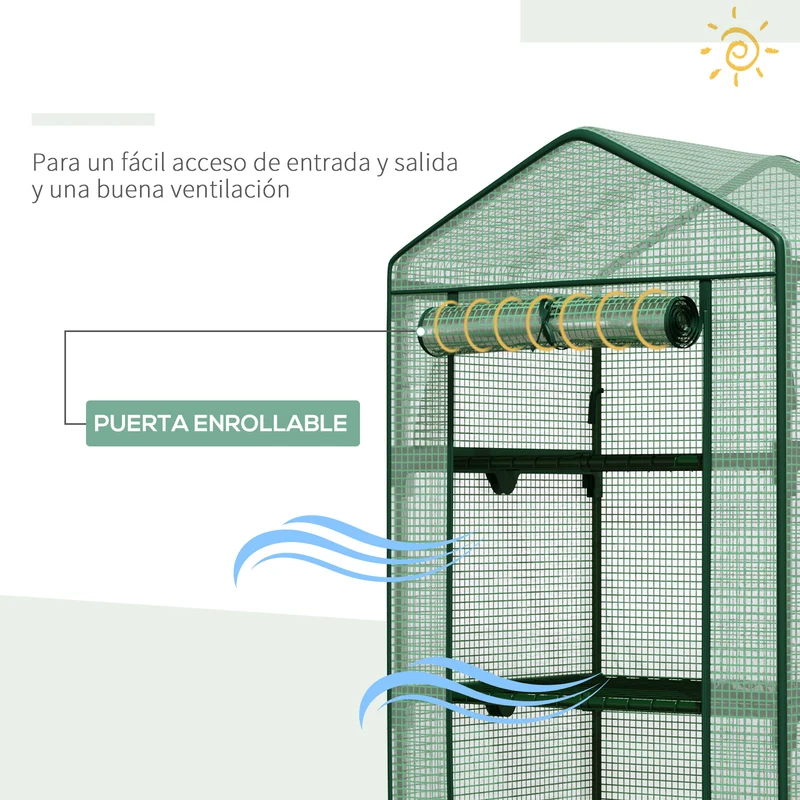 Outsunny Invernadero de Jardín Invernadero de Terraza con 4 Estantes de Alambre y Puerta Enrollable Invernadero para Macetas Plantas Flores Exterior 69x49x158 cm Verde