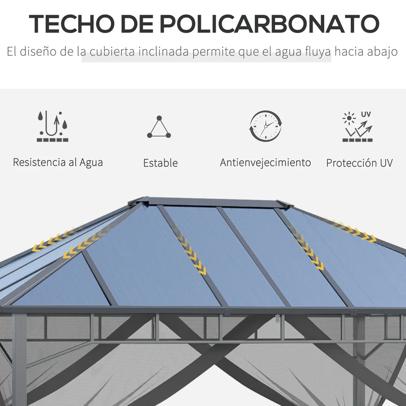Outsunny Cenador para Jardín 4x3 m con Marco de Alumnio Pabellón para Exterior con Techo de Policarbonato Anti-UV Gazebo para Fiestas Eventos Gris