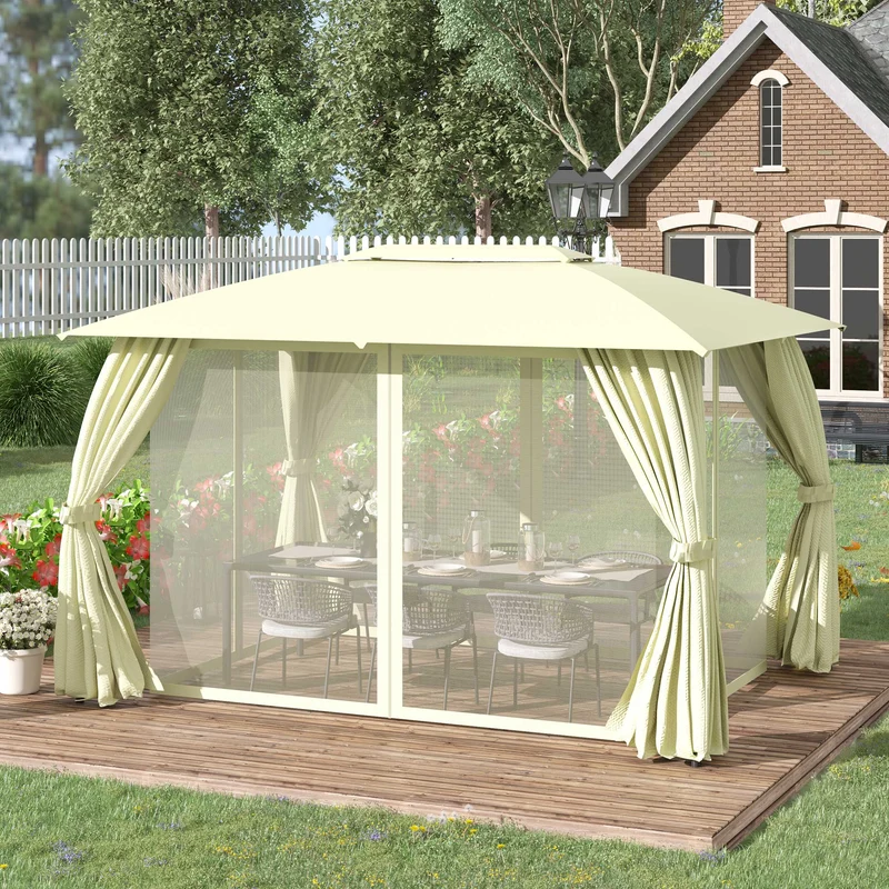 Outsunny Cenador de Jardín 4x3 m Pabellón de Exterior con Doble Techo 4 Cortinas Laterales 4 Mosquiteras con Cremalleras y Marco de Acero Gazebo para Fiestas Eventos Beige