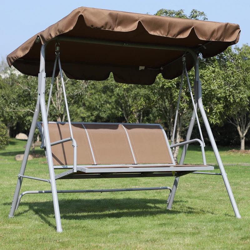 Outsunny Balancín Jardín Exterior Columpio Exterior de 3 Plazas con Toldo Ajustable Respaldo Transpirable y Marco de Metal para Terraza Balcón Carga 240 kg 171x108x154 cm Marrón