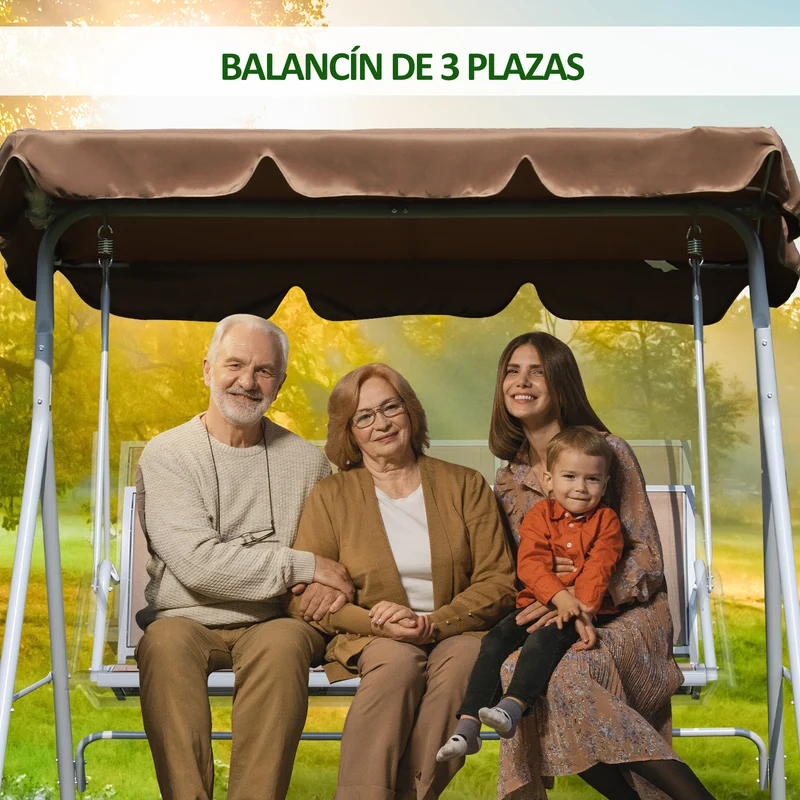 Outsunny Balancín Jardín Exterior Columpio Exterior de 3 Plazas con Toldo Ajustable Respaldo Transpirable y Marco de Metal para Terraza Balcón Carga 240 kg 171x108x154 cm Marrón