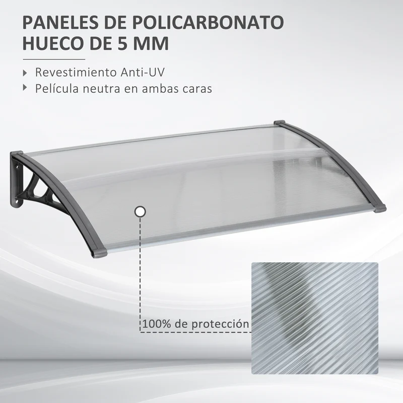 Outsunny Tejadillo de Protección 110x60 cm Marquesina Exterior para Puertas y Ventanas contra Sol y Lluvia con Soporte de PP Policarbonato Transparente