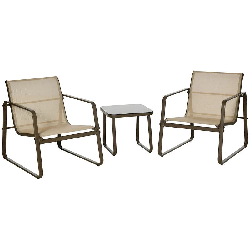 Outsunny Conjunto de Muebles de Jardín 3 Piezas Muebles de Jardín Exterior Incluye 1 Mesa de Vidrio Templado y 2 Sillas con Reposabrazos y Respaldo Transpirable para Terraza Balcón Caqui