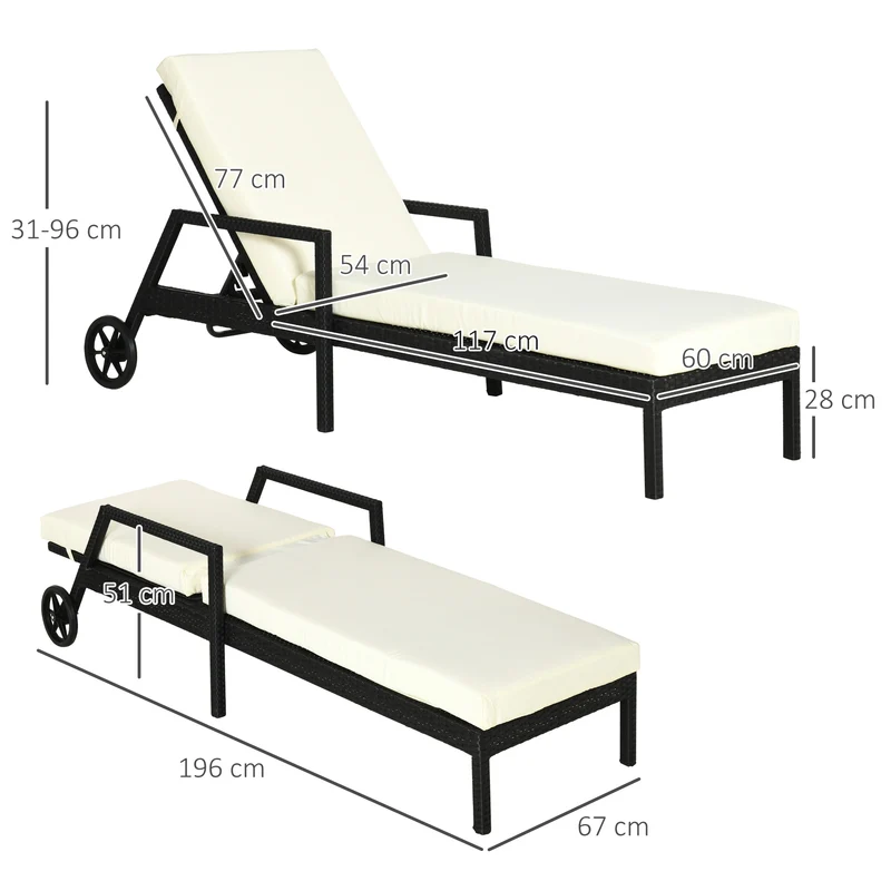 Outsunny Tumbona de Ratán de Jardín con Cojines Acolchados Respaldo Ajustable en 5 Posiciones 2 Ruedas y Tela Extraíble Lavable Carga 160 kg 67x196x96 cm Negro