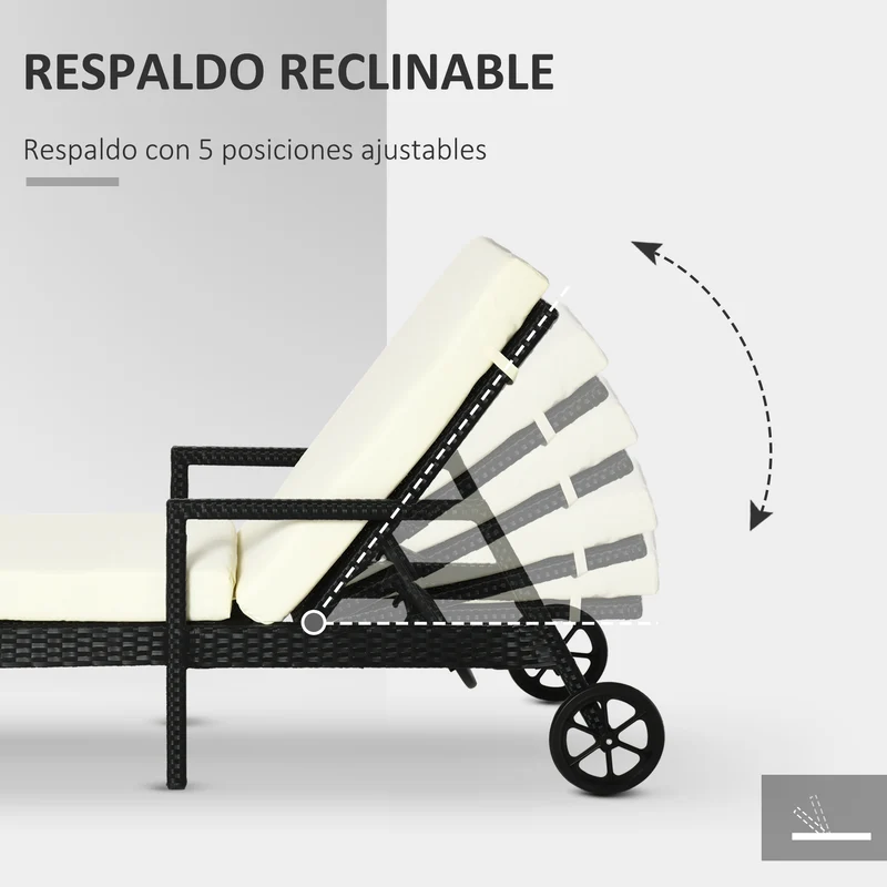 Outsunny Tumbona de Ratán de Jardín con Cojines Acolchados Respaldo Ajustable en 5 Posiciones 2 Ruedas y Tela Extraíble Lavable Carga 160 kg 67x196x96 cm Negro