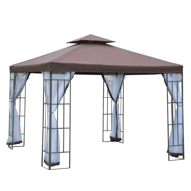 Outsunny Cenador de Jardín 3x3 m Pabellón para Exterior con Doble Techo de Ventilación 4 Mosquiteras Extraíbles y Marco de Acero Protección Solar Gazebo para Fiestas Eventos Café