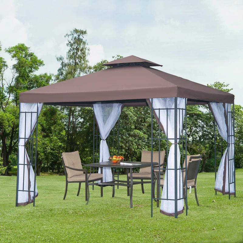 Outsunny Cenador de Jardín 3x3 m Pabellón para Exterior con Doble Techo de Ventilación 4 Mosquiteras Extraíbles y Marco de Acero Protección Solar Gazebo para Fiestas Eventos Café