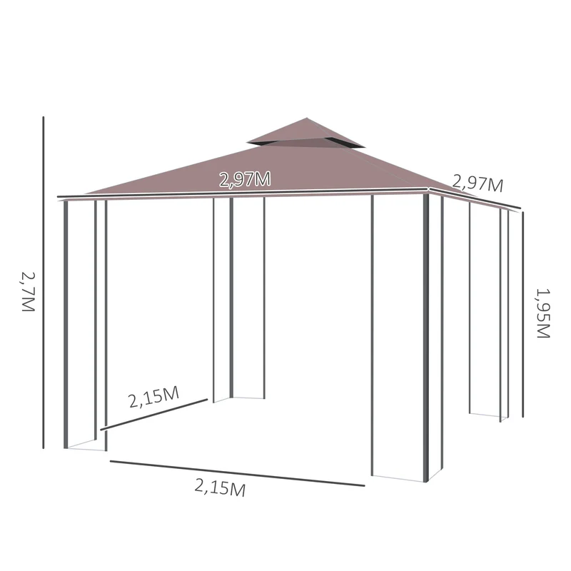 Outsunny Cenador de Jardín 3x3 m Pabellón para Exterior con Doble Techo de Ventilación 4 Mosquiteras Extraíbles y Marco de Acero Protección Solar Gazebo para Fiestas Eventos Café