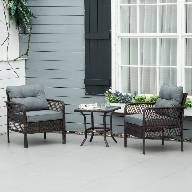 Outsunny Conjunto de Muebles de Ratán Juego de 3 Piezas de Jardín 2 Sillones 65x66x75 cm y Mesa de Vidrio Templado 50x50x50 cm con Cojines Acolchados para Terraza Patio Marrón y Gris
