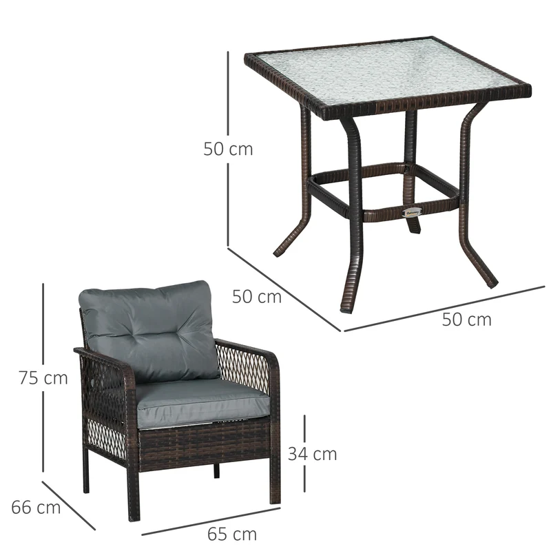 Outsunny Conjunto de Muebles de Ratán Juego de 3 Piezas de Jardín 2 Sillones 65x66x75 cm y Mesa de Vidrio Templado 50x50x50 cm con Cojines Acolchados para Terraza Patio Marrón y Gris
