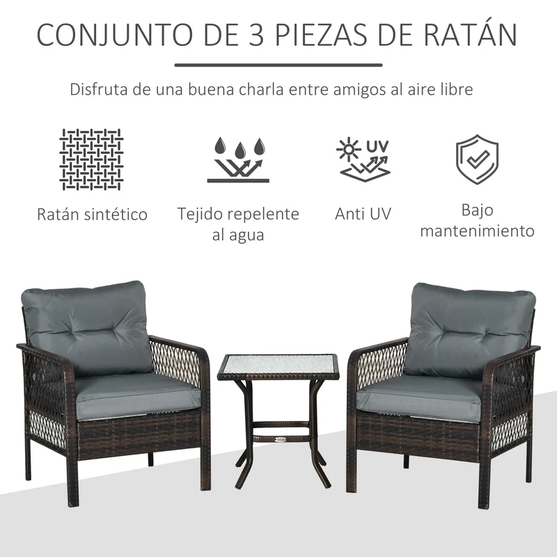 Outsunny Conjunto de Muebles de Ratán Juego de 3 Piezas de Jardín 2 Sillones 65x66x75 cm y Mesa de Vidrio Templado 50x50x50 cm con Cojines Acolchados para Terraza Patio Marrón y Gris