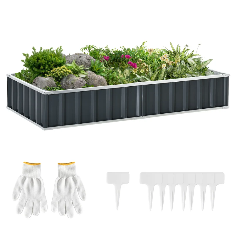 Outsunny Huerto Urbano 174x90x30 cm Arriate de Jardín de Acero Incluye Guantes Jardinera Macetero Rectangular para Cultivos Plantas Flores para Terraza Balcón Exterior Gris