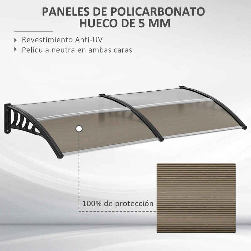 Outsunny Tejadillo de Protección 200x96 cm Marquesina Exterior para Puertas y Ventanas contra Sol y Lluvia con Soporte de PP Policarbonato Marrón