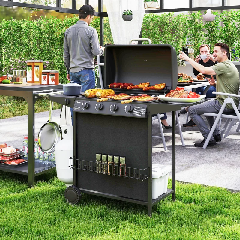 Outsunny Barbacoa de Gas BBQ Gas con 4+1 Quemadores 12 kW Barbacoa Portátil con Termómetro Mesa Lateral Estante Especiero Parrilla Recogedor de Grasa 2 Ruedas para Jardín Exterior Camping Negro