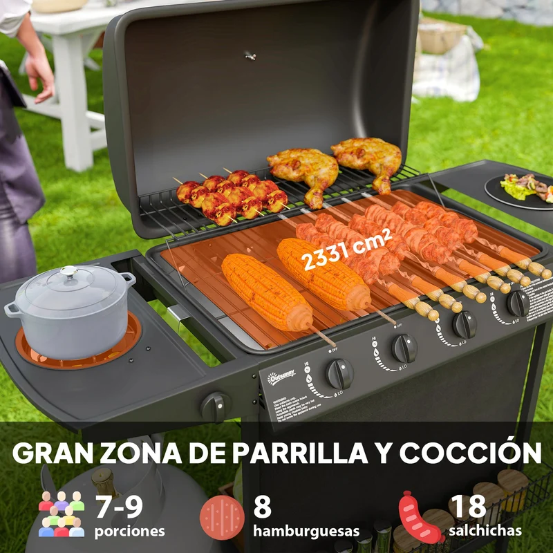 Outsunny Barbacoa de Gas BBQ Gas con 4+1 Quemadores 12 kW Barbacoa Portátil con Termómetro Mesa Lateral Estante Especiero Parrilla Recogedor de Grasa 2 Ruedas para Jardín Exterior Camping Negro