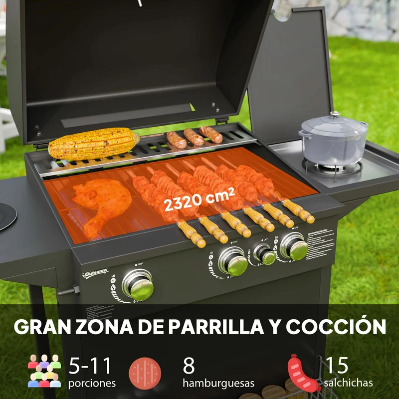 Outsunny Barbacoa de Gas BBQ Gas con 3+1 Quemadores 8,5 kW Barbacoa Portátil con Termómetro Mesa Lateral Parrilla Recogedor de Grasa 2 Ruedas para Jardín Exterior Camping Negro