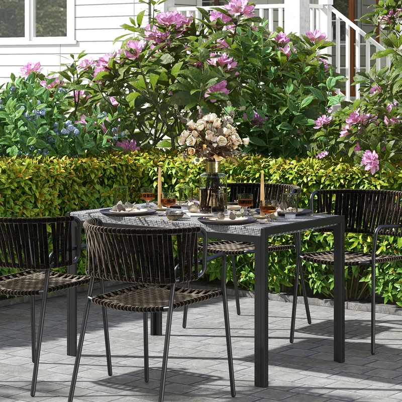 Outsunny Mesa de Comedor de Jardín de Ratán Sintético Mesa de Terraza Exterior con Estructura de Metal Resistente a Intemperie 120x70x72 cm Gris y Negro