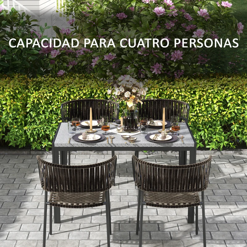 Outsunny Mesa de Comedor de Jardín de Ratán Sintético Mesa de Terraza Exterior con Estructura de Metal Resistente a Intemperie 120x70x72 cm Gris y Negro