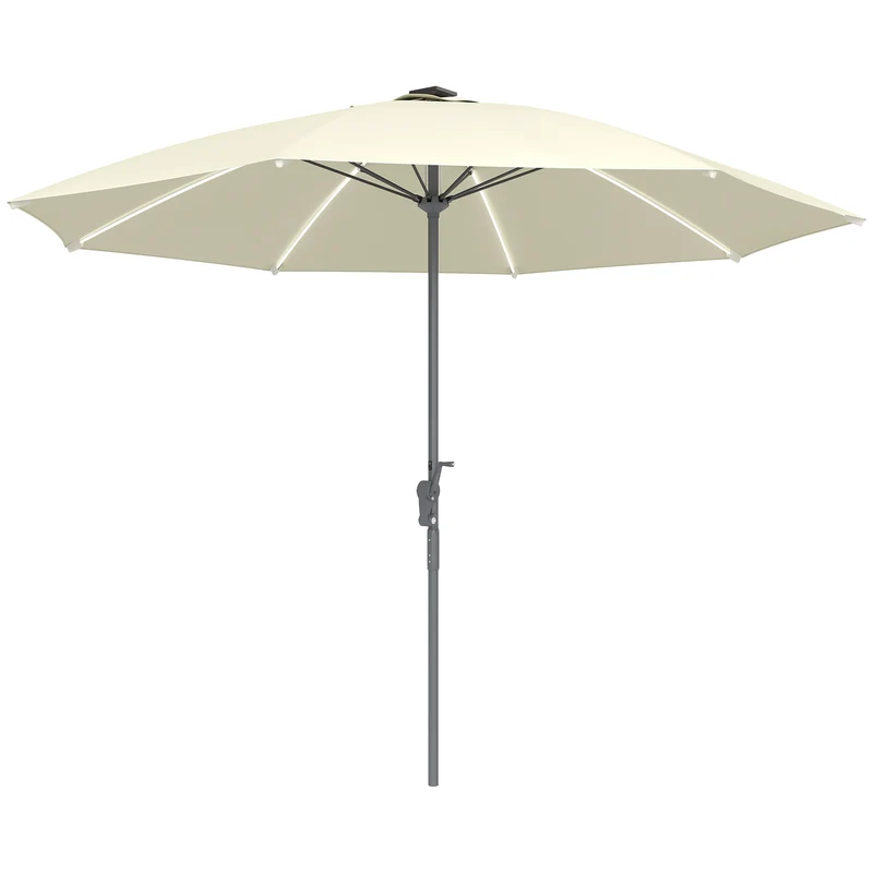Outsunny Sombrilla Terraza Exterior con Luces LED Ø300x256 cm Sombrilla de Jardín con Manivela Techo de Ventilación Protección UV50+ y Poste de Aluminio Parasol para Patio Piscina Playa Crema