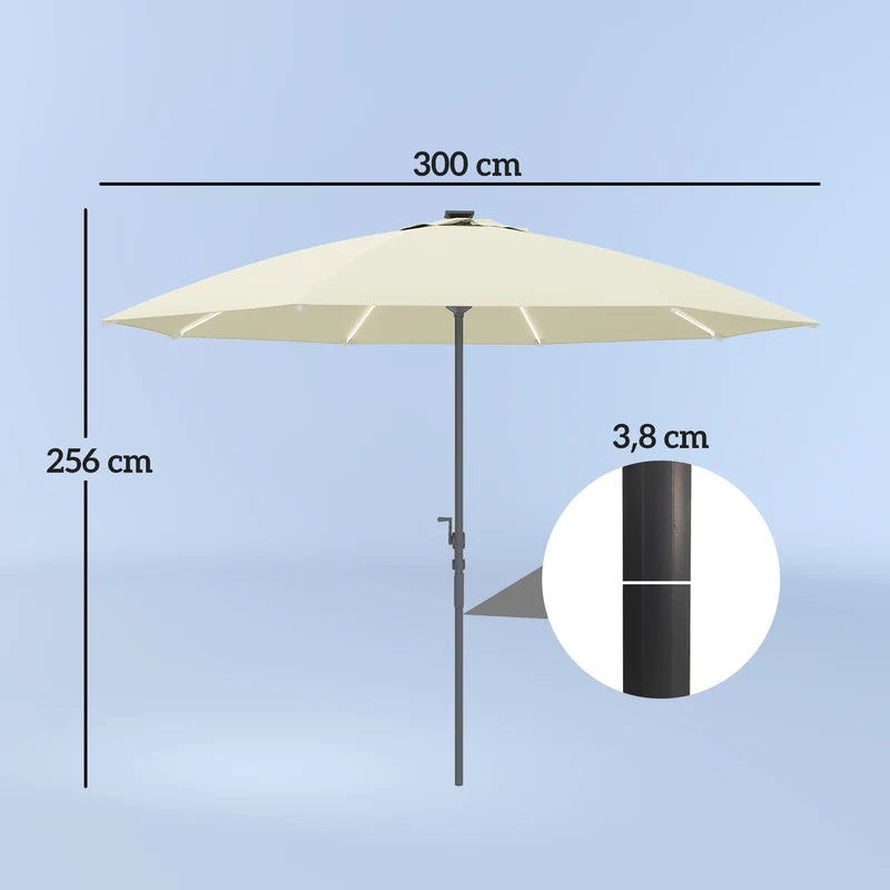 Outsunny Sombrilla Terraza Exterior con Luces LED Ø300x256 cm Sombrilla de Jardín con Manivela Techo de Ventilación Protección UV50+ y Poste de Aluminio Parasol para Patio Piscina Playa Crema