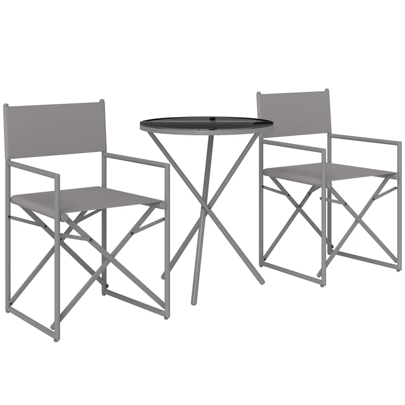 Outsunny Conjunto de Muebles de Jardín de 3 Piezas Juego de Muebles de Balcón con 2 Sillas Plegables Mesa con Encimera de Vidrio Templado y Estructura de Acero para Terraza Patio Exterior Gris Oscuro