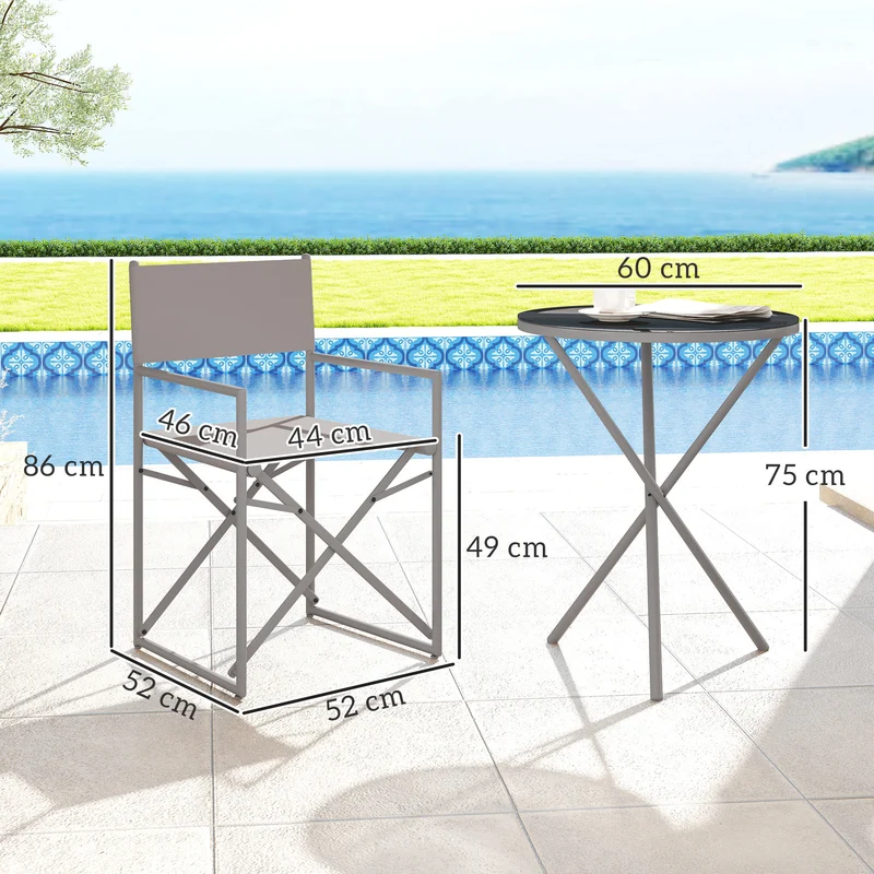 Outsunny Conjunto de Muebles de Jardín de 3 Piezas Juego de Muebles de Balcón con 2 Sillas Plegables Mesa con Encimera de Vidrio Templado y Estructura de Acero para Terraza Patio Exterior Gris Oscuro