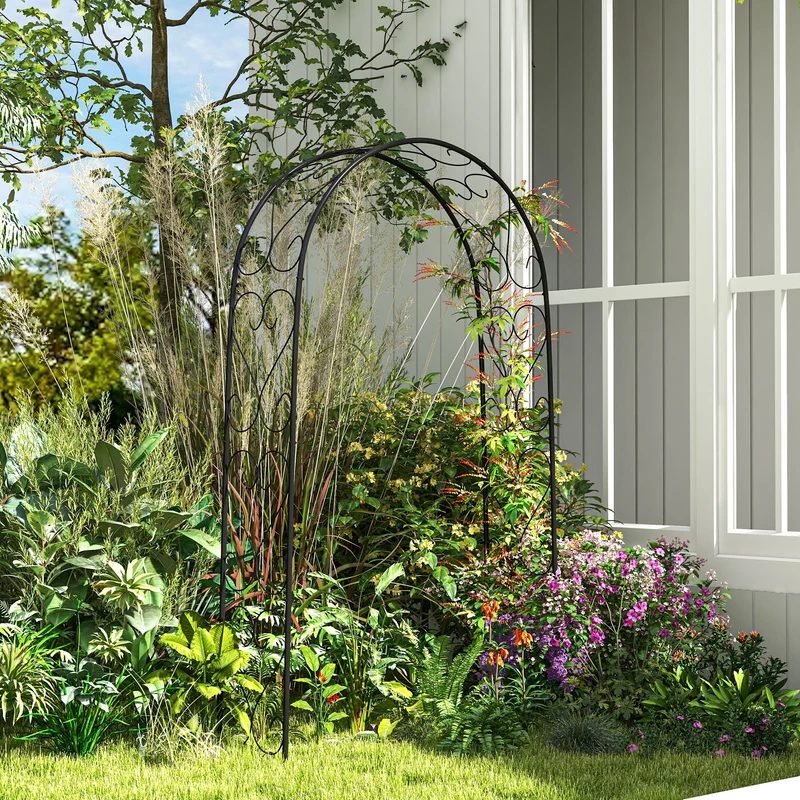Outsunny Arco de Jardín de Acero para Rosas Arco de Boda Diseño Espiral de Corazón para Plantas Trepadoras para Decoración Patio Terraza 125x37x230 cm Negro