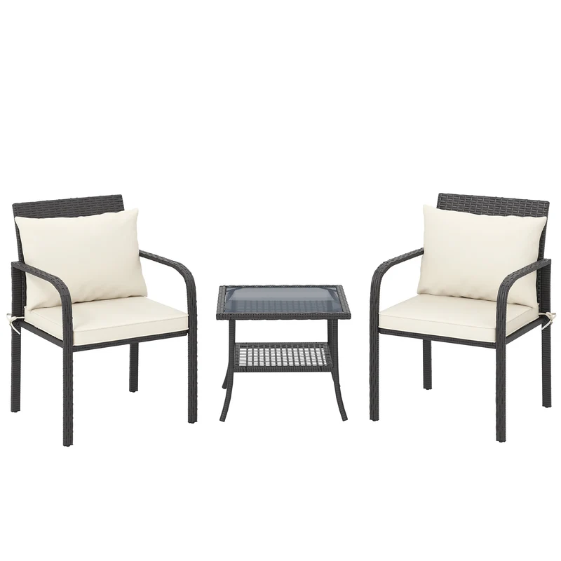 Outsunny Conjunto de Jardín Exterior de 3 Piezas Muebles de Jardín con 2 Sillas con Cojines Extraíbles Lavables y Mesa Terraza con Estante Tablero de Vidrio Templado para Balcón Patio Marrón y Crema