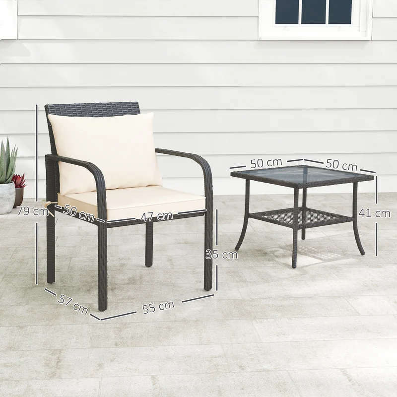 Outsunny Conjunto de Jardín Exterior de 3 Piezas Muebles de Jardín con 2 Sillas con Cojines Extraíbles Lavables y Mesa Terraza con Estante Tablero de Vidrio Templado para Balcón Patio Marrón y Crema