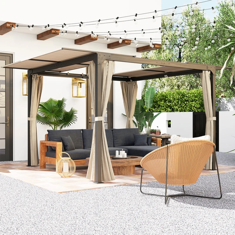 Outsunny Pérgola de Aluminio 4,2x3 m Cenador de Jardín Gazebo con Techo Corredizo 4 Paredes Laterales y Orificios de Drenaje Pabellón para Patio Terraza Beige y Negro