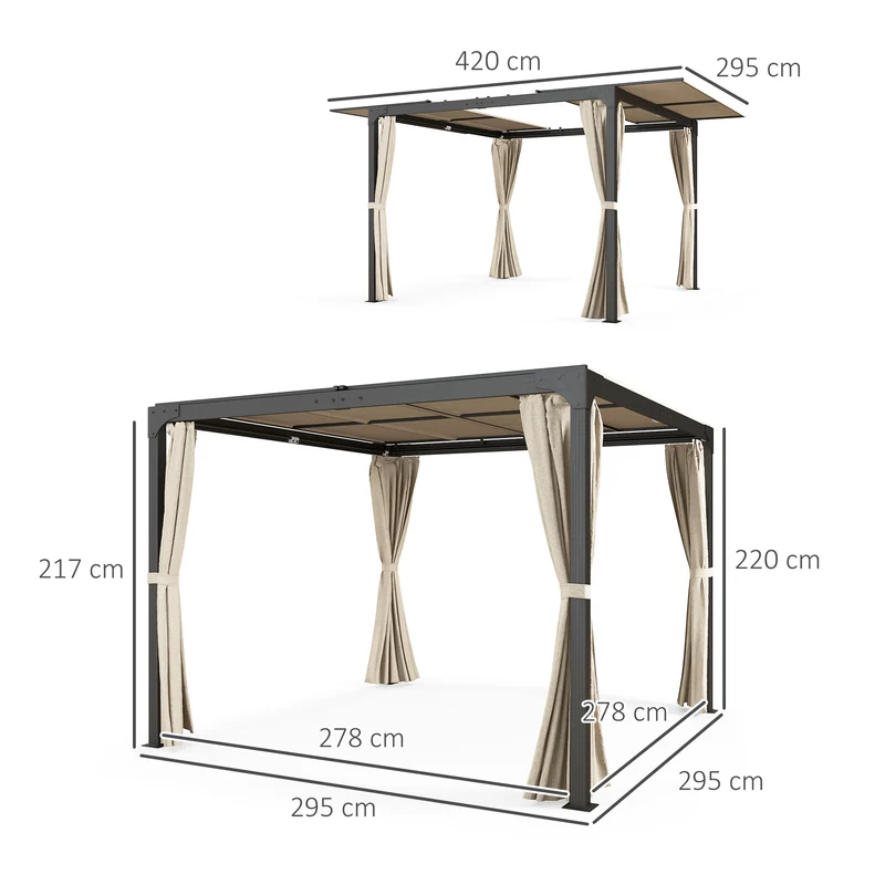 Outsunny Pérgola de Aluminio 4,2x3 m Cenador de Jardín Gazebo con Techo Corredizo 4 Paredes Laterales y Orificios de Drenaje Pabellón para Patio Terraza Beige y Negro