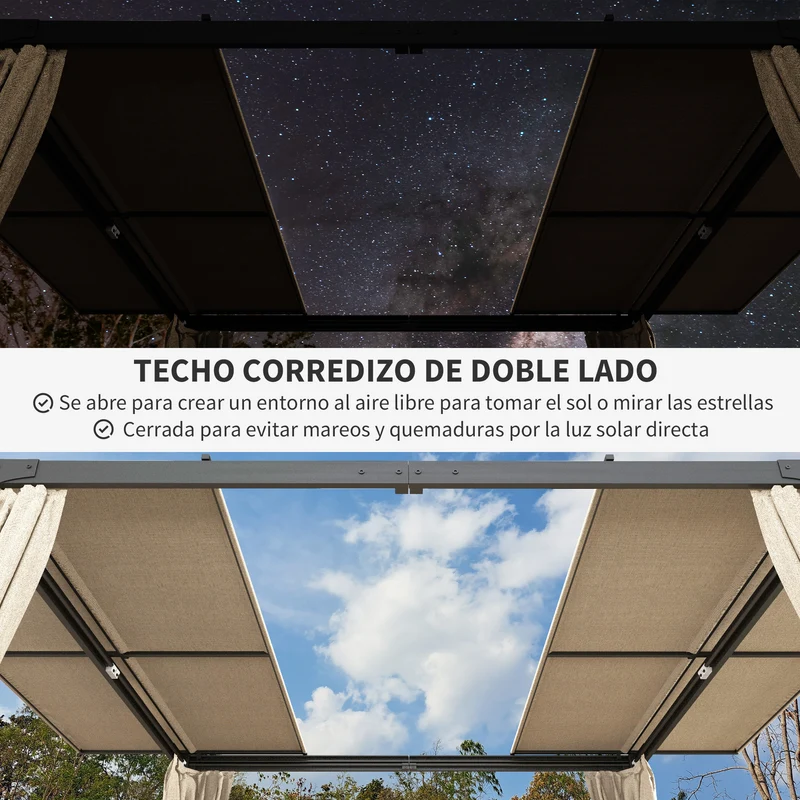 Outsunny Pérgola de Aluminio 4,2x3 m Cenador de Jardín Gazebo con Techo Corredizo 4 Paredes Laterales y Orificios de Drenaje Pabellón para Patio Terraza Beige y Negro