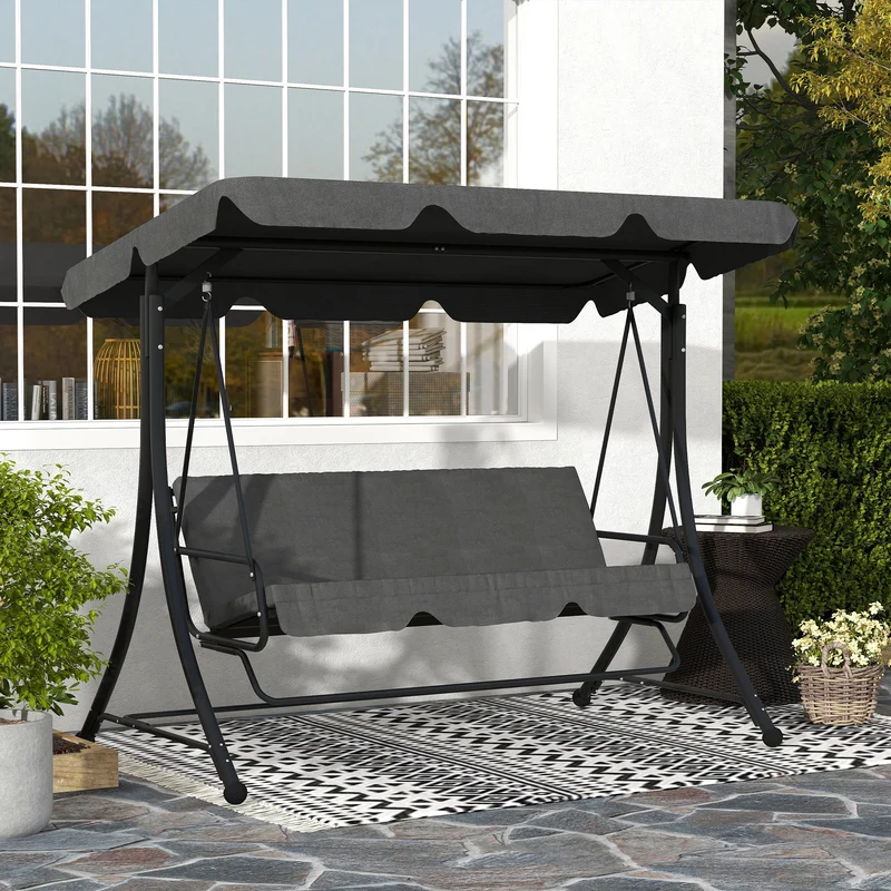 Outsunny Columpio de Jardín Exterior de 3 Plazas Balancín de Jardín Exterior con Toldo Ajustable Reposapiés Retráctil y Cojines Carga 330 kg 200x127x170 cm Gris