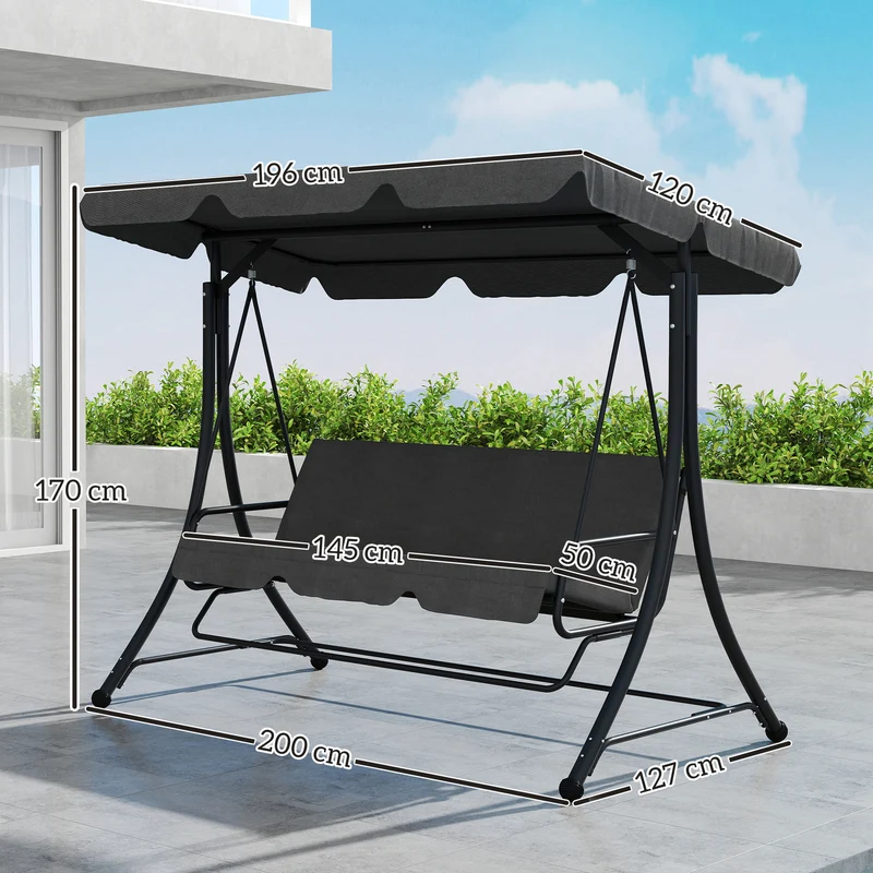 Outsunny Columpio de Jardín Exterior de 3 Plazas Balancín de Jardín Exterior con Toldo Ajustable Reposapiés Retráctil y Cojines Carga 330 kg 200x127x170 cm Gris