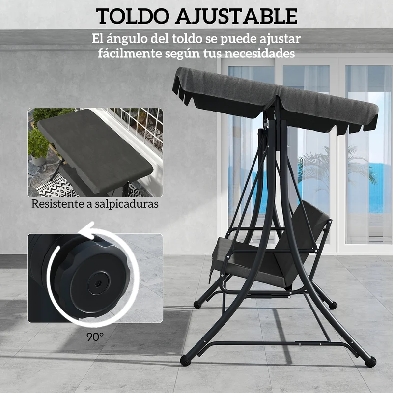 Outsunny Columpio de Jardín Exterior de 3 Plazas Balancín de Jardín Exterior con Toldo Ajustable Reposapiés Retráctil y Cojines Carga 330 kg 200x127x170 cm Gris