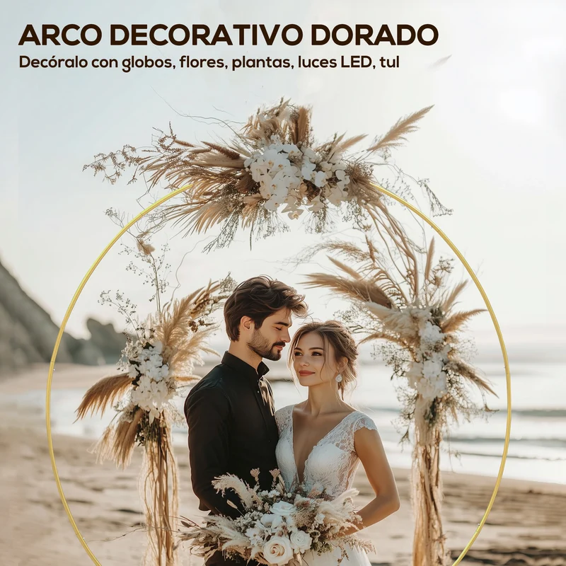 Outsunny Arco de Jardín de Metal Redondo para Rosas Arco de Boda con Recubrimiento en Polvo Resistente a la Intemperie para Plantas Trepadoras para Decoración Patio Terraza 230x28x234 cm Dorado