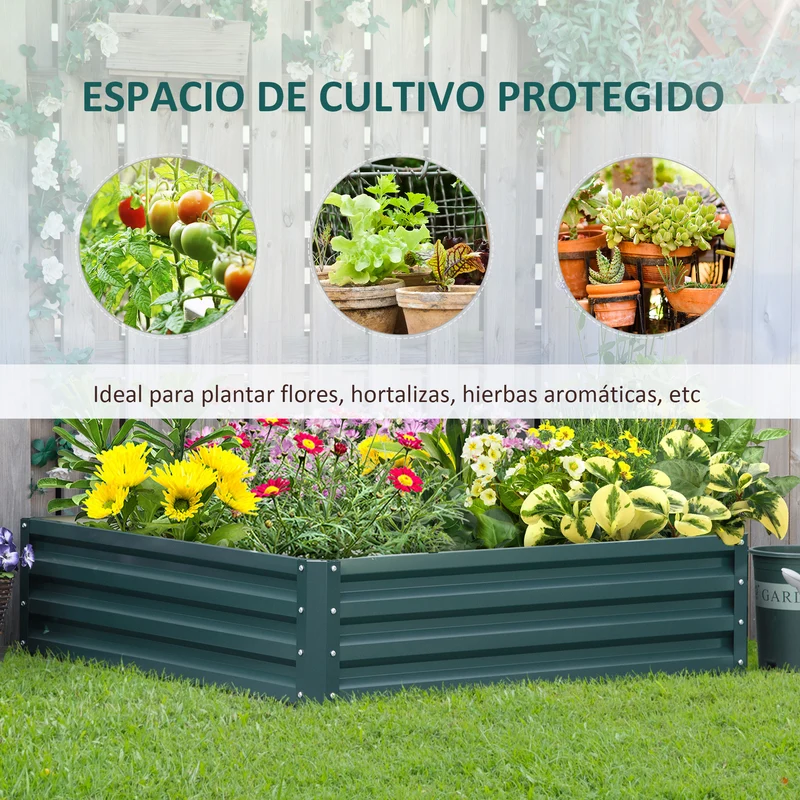 Outsunny Jardinera Exterior Grande Rectangular de Acero Galvanizado Huerto Urbano para Cultivar Plantas Flores Hierba Macetero Grande Exterior con Base Abierta 120x120x30 cm Verde