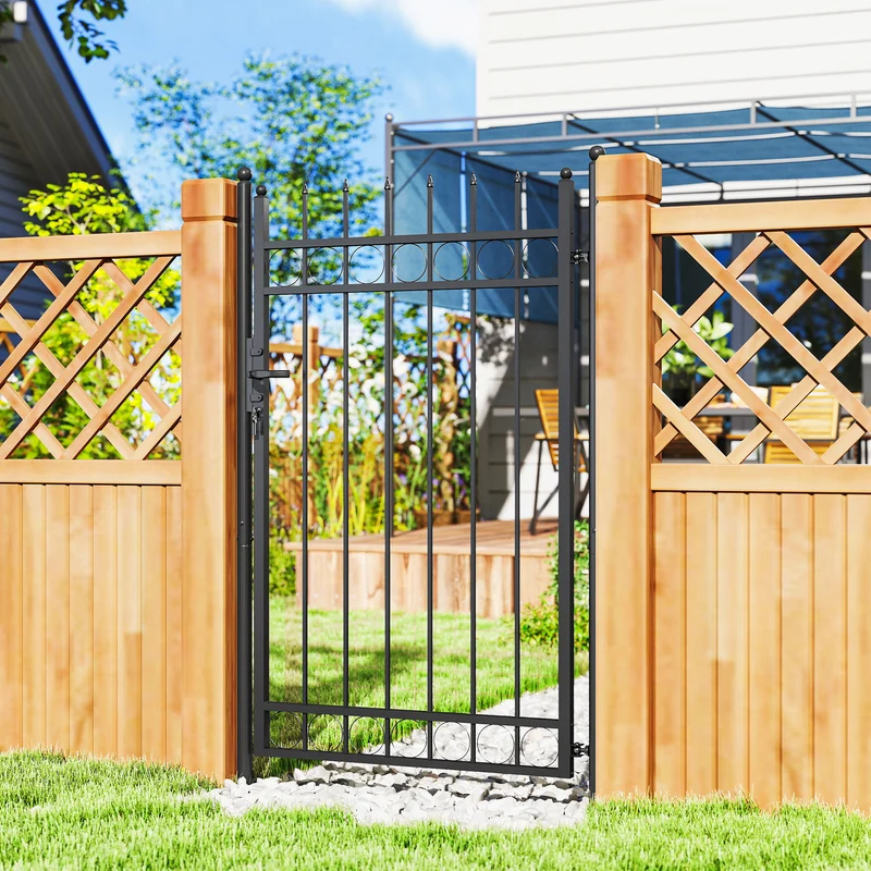 Outsunny Puerta de Jardín 147,5x89 cm Puerta para Valla de Barra de Acero Galvanizado con Asa Cerradura y 3 Llaves para Exterior Patio Negro