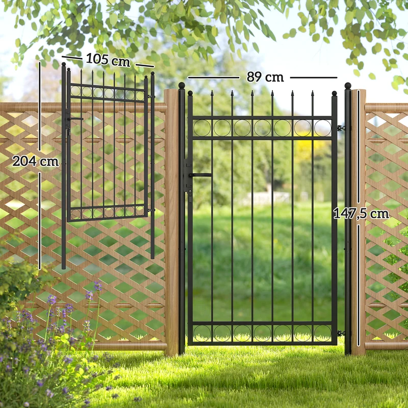 Outsunny Puerta de Jardín 147,5x89 cm Puerta para Valla de Barra de Acero Galvanizado con Asa Cerradura y 3 Llaves para Exterior Patio Negro