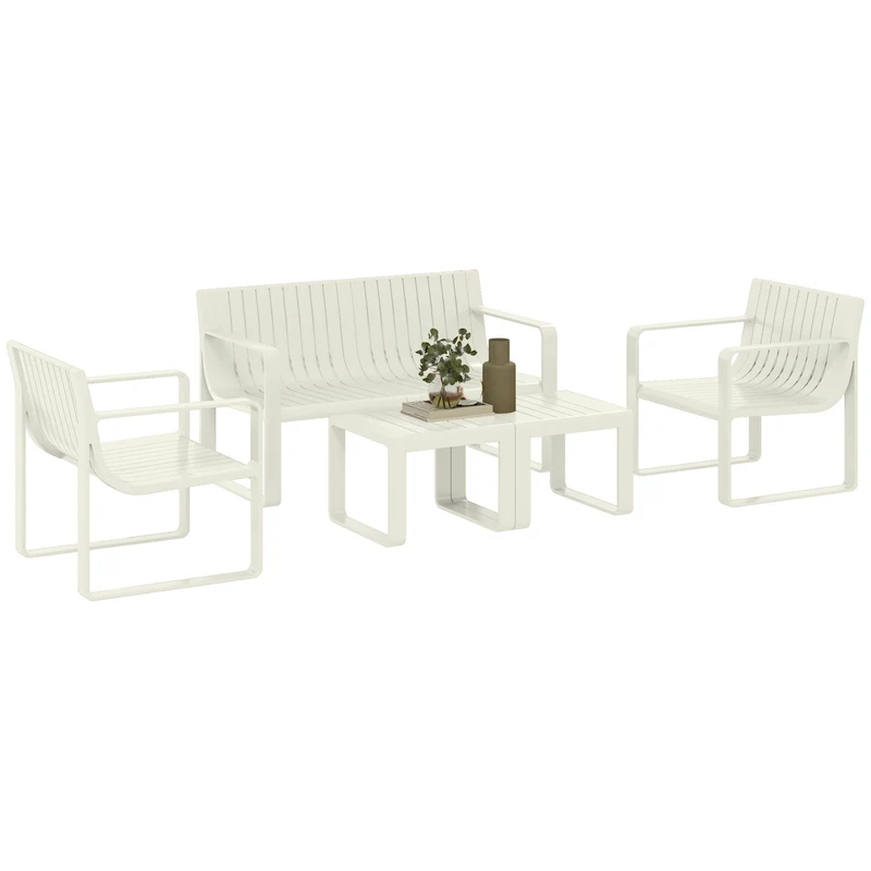 Outsunny Conjunto de Jardín Exterior 5 Piezas Muebles Jardín Exterior con 2 Sillones 1 Sofá de 2 Plazas y 2 Mesas de Centro Diseño de Lamas Impermeable Anti-UV Blanco