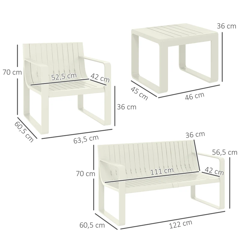 Outsunny Conjunto de Jardín Exterior 5 Piezas Muebles Jardín Exterior con 2 Sillones 1 Sofá de 2 Plazas y 2 Mesas de Centro Diseño de Lamas Impermeable Anti-UV Blanco