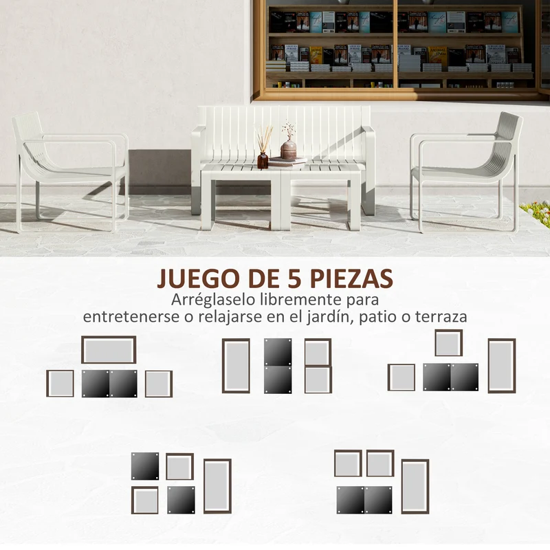 Outsunny Conjunto de Jardín Exterior 5 Piezas Muebles Jardín Exterior con 2 Sillones 1 Sofá de 2 Plazas y 2 Mesas de Centro Diseño de Lamas Impermeable Anti-UV Blanco