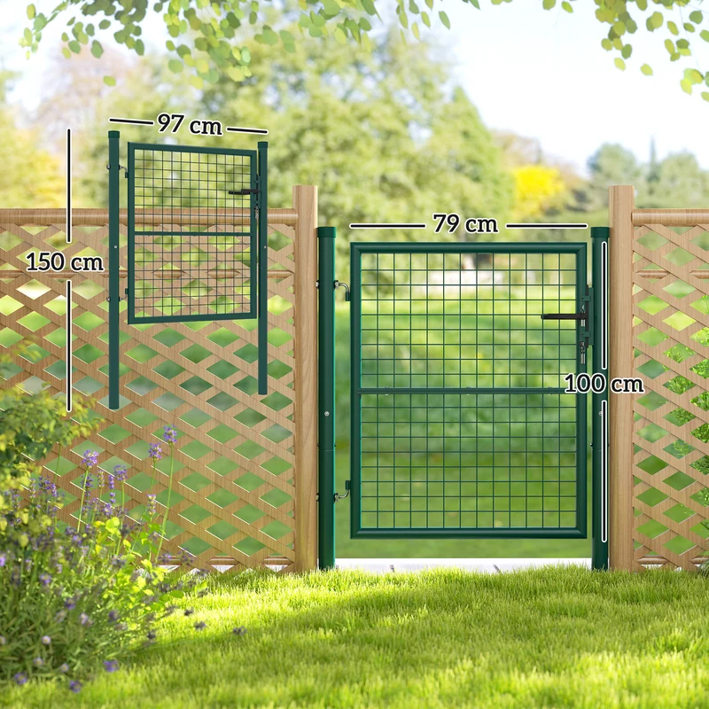 Outsunny Puerta de Jardín 100x79 cm Puerta para Valla de Barra de Acero con Asa Cerradura y 3 Llaves para Exterior Patio Verde