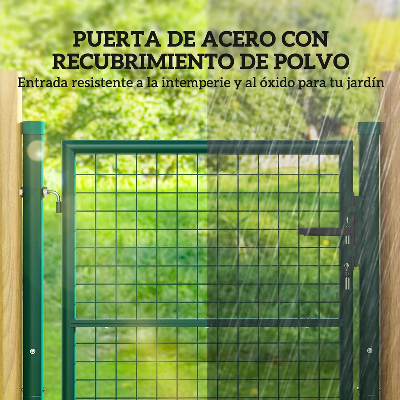 Outsunny Puerta de Jardín 100x79 cm Puerta para Valla de Barra de Acero con Asa Cerradura y 3 Llaves para Exterior Patio Verde